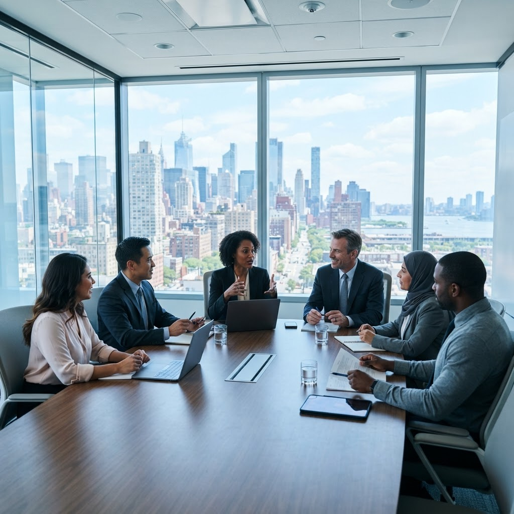Muenot delivery team collaborating around a table in a modern office