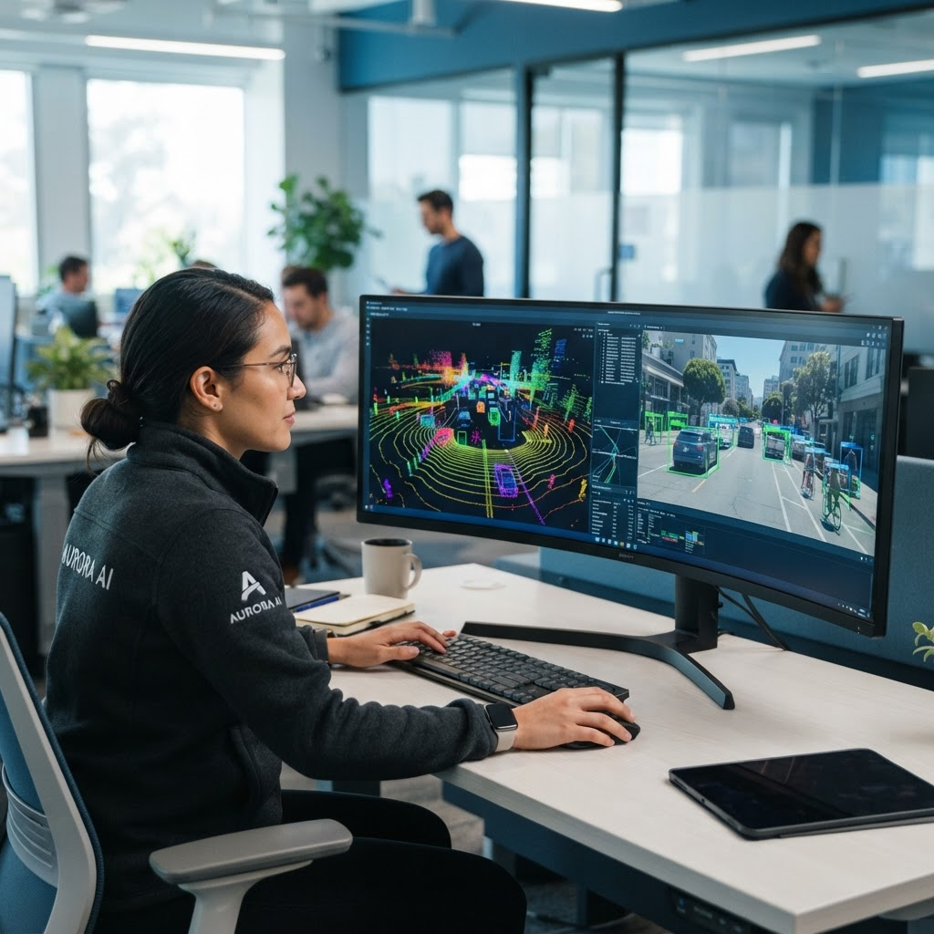 Engineer reviewing lidar and camera perception data on a monitor