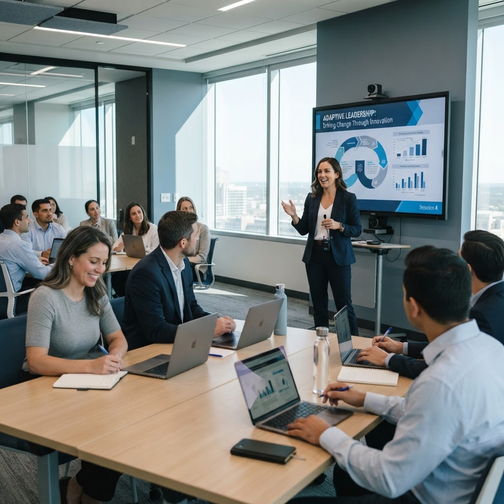 Corporate trainer leading a workshop in a modern training room