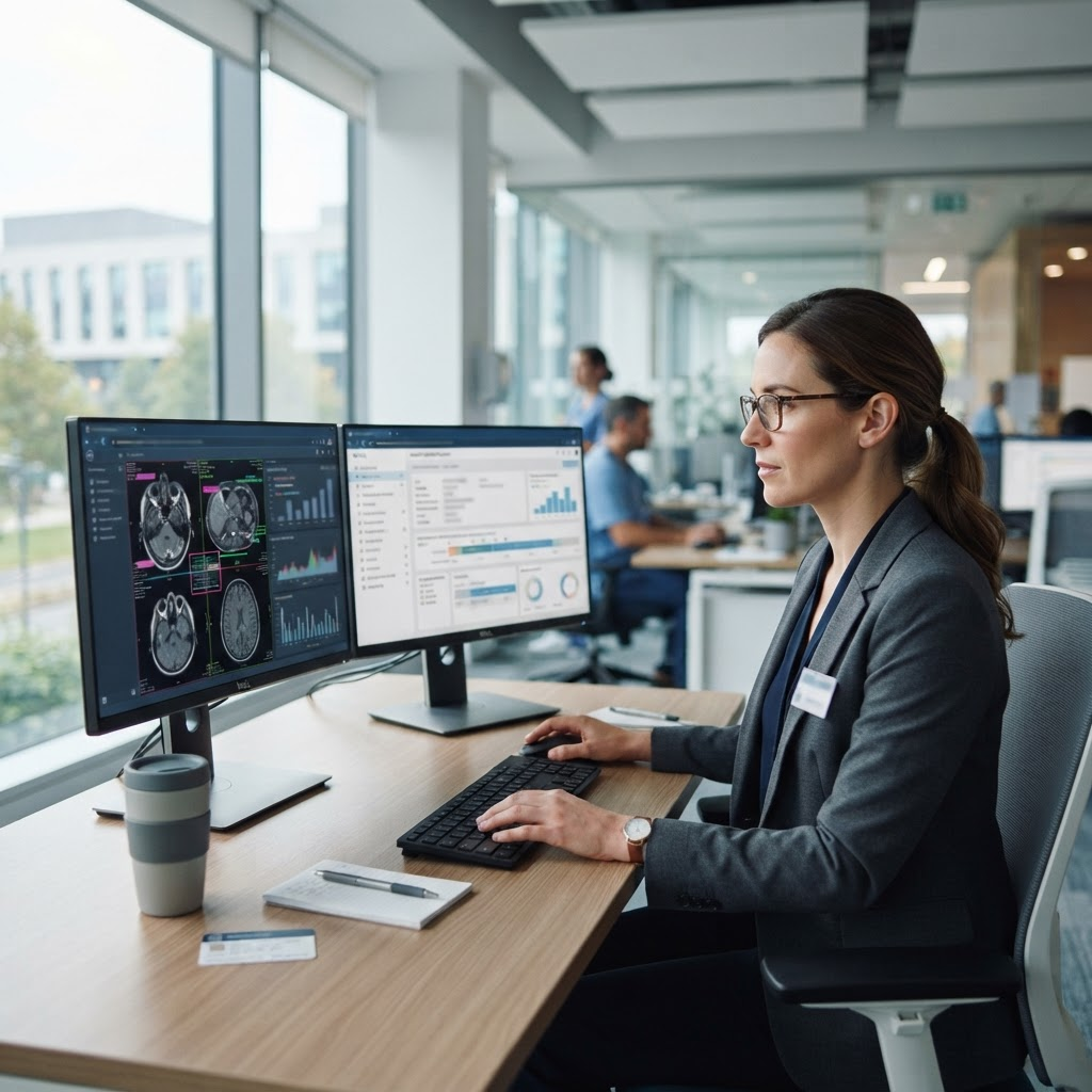 Medical data specialist reviewing anonymised clinical records on screen