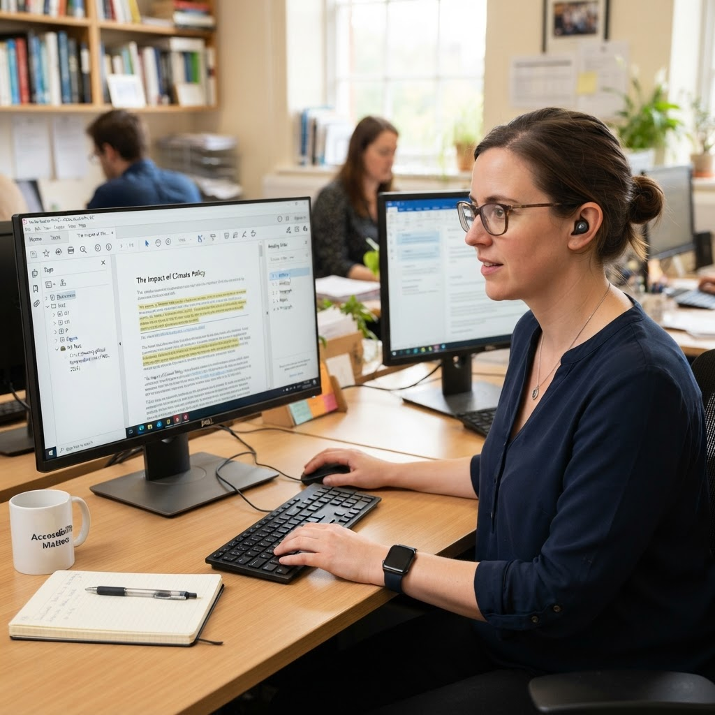 Accessibility specialist checking document structure and tagging on screen