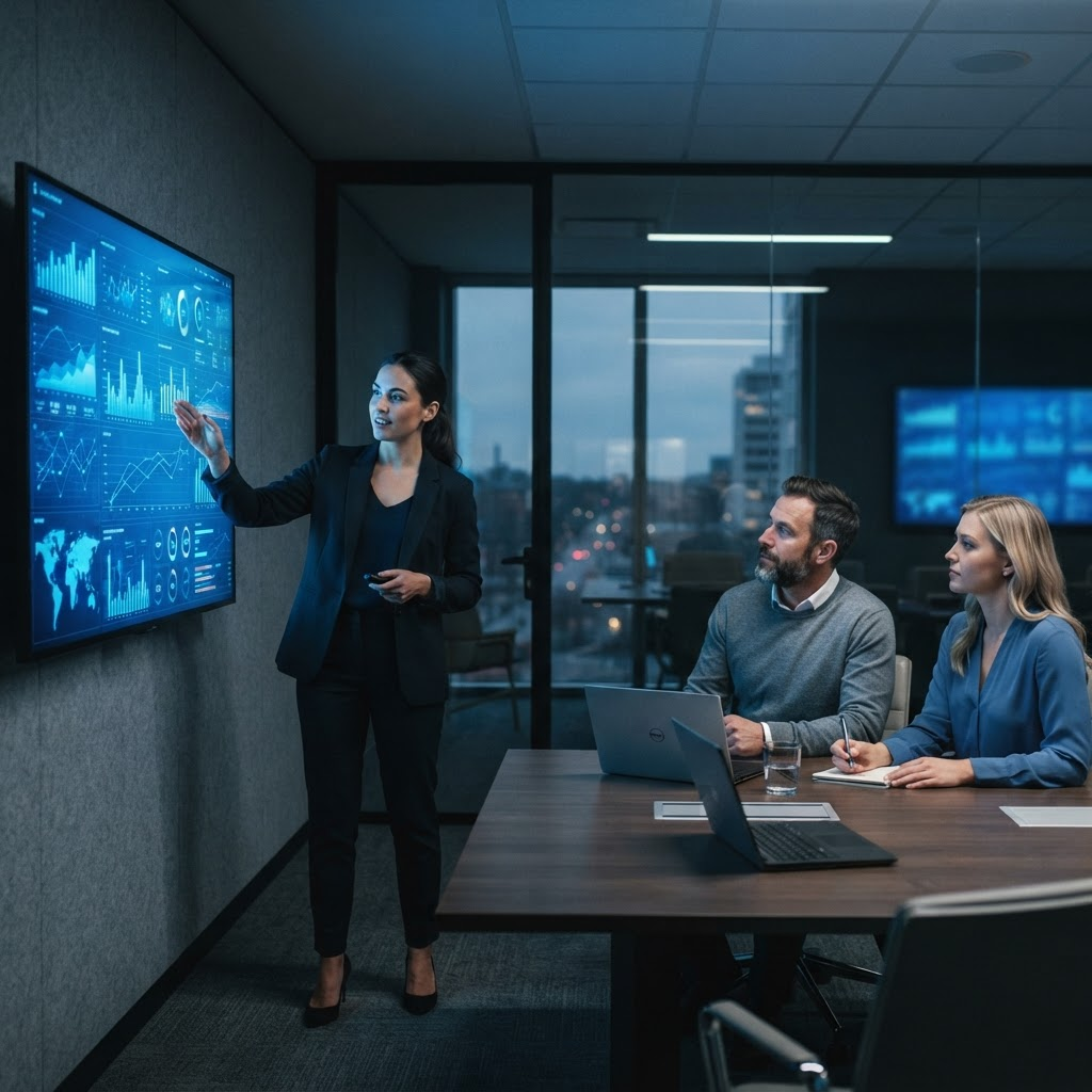 Analyst reviewing dashboards and reporting metrics on a large display