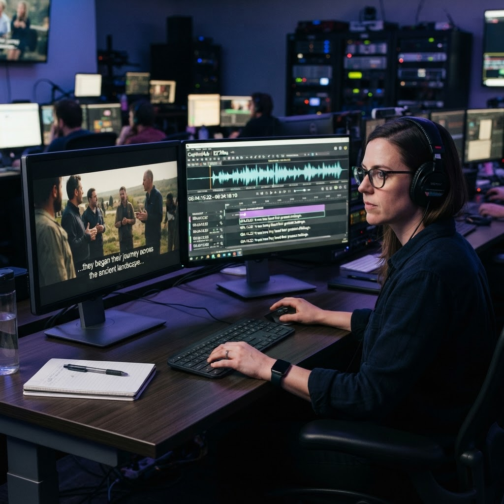 Subtitling specialist reviewing timed captions against video on a workstation