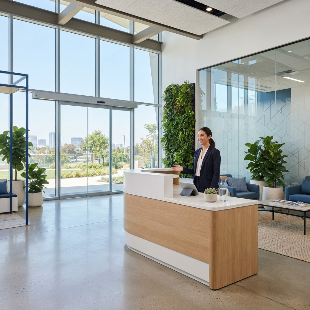 Muenot office reception area with a client advisor