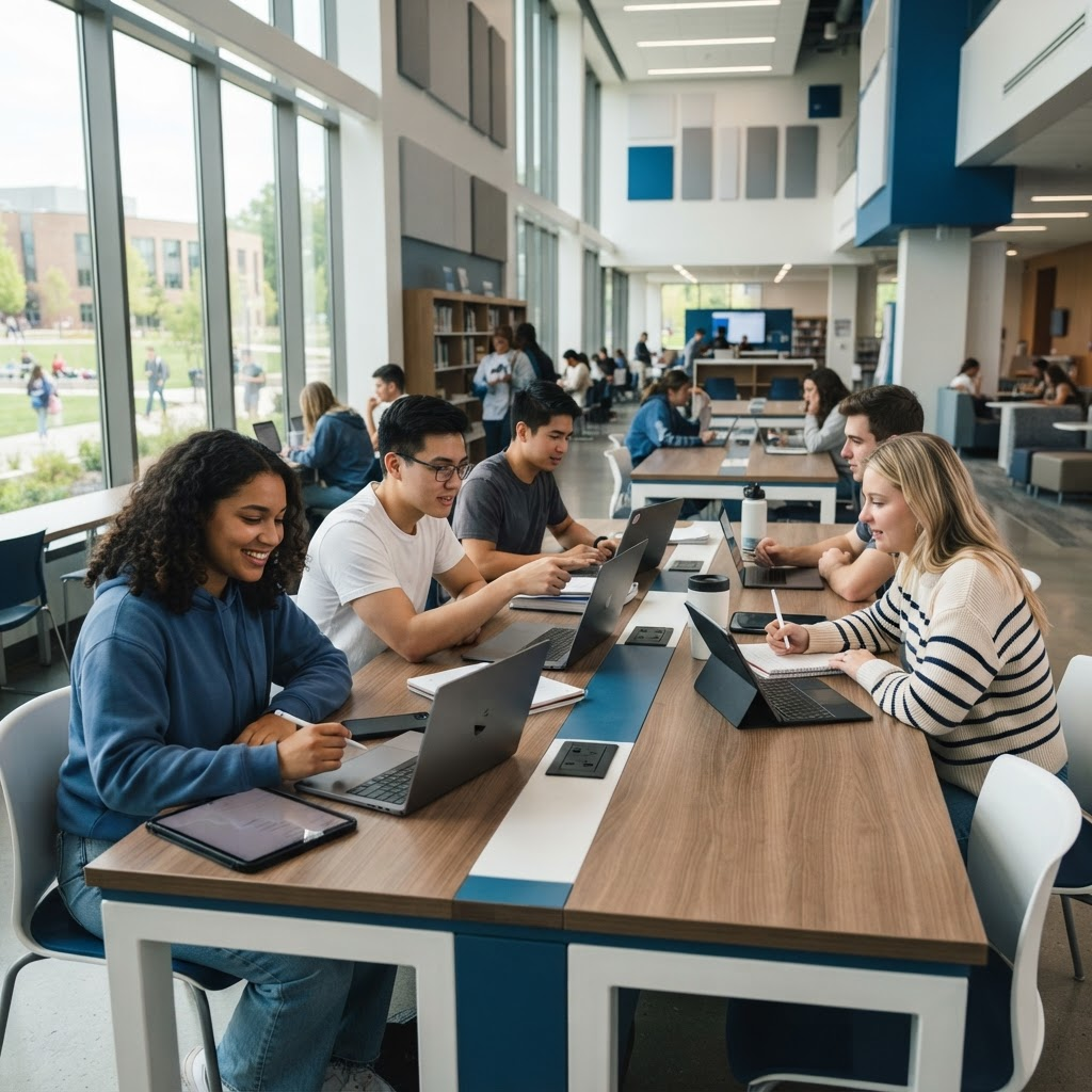 University students learning with laptops in a modern campus study space