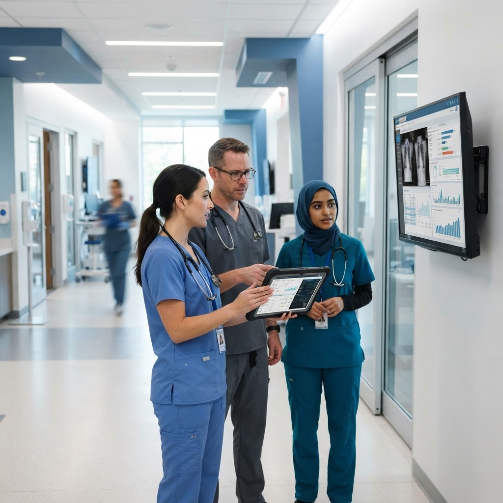 Clinicians reviewing patient data on a tablet in a modern hospital