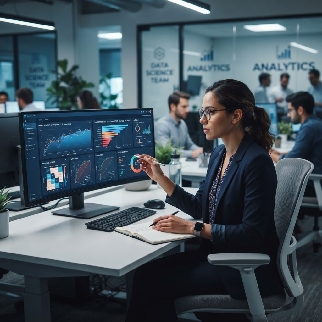 Analyst reviewing quality and performance dashboards on screen