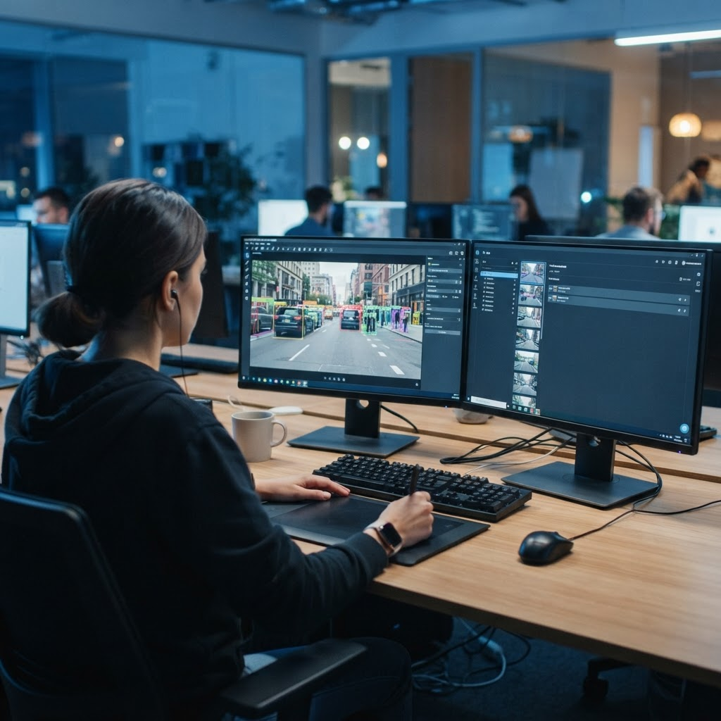 Data annotation specialist labelling street imagery for a computer vision model