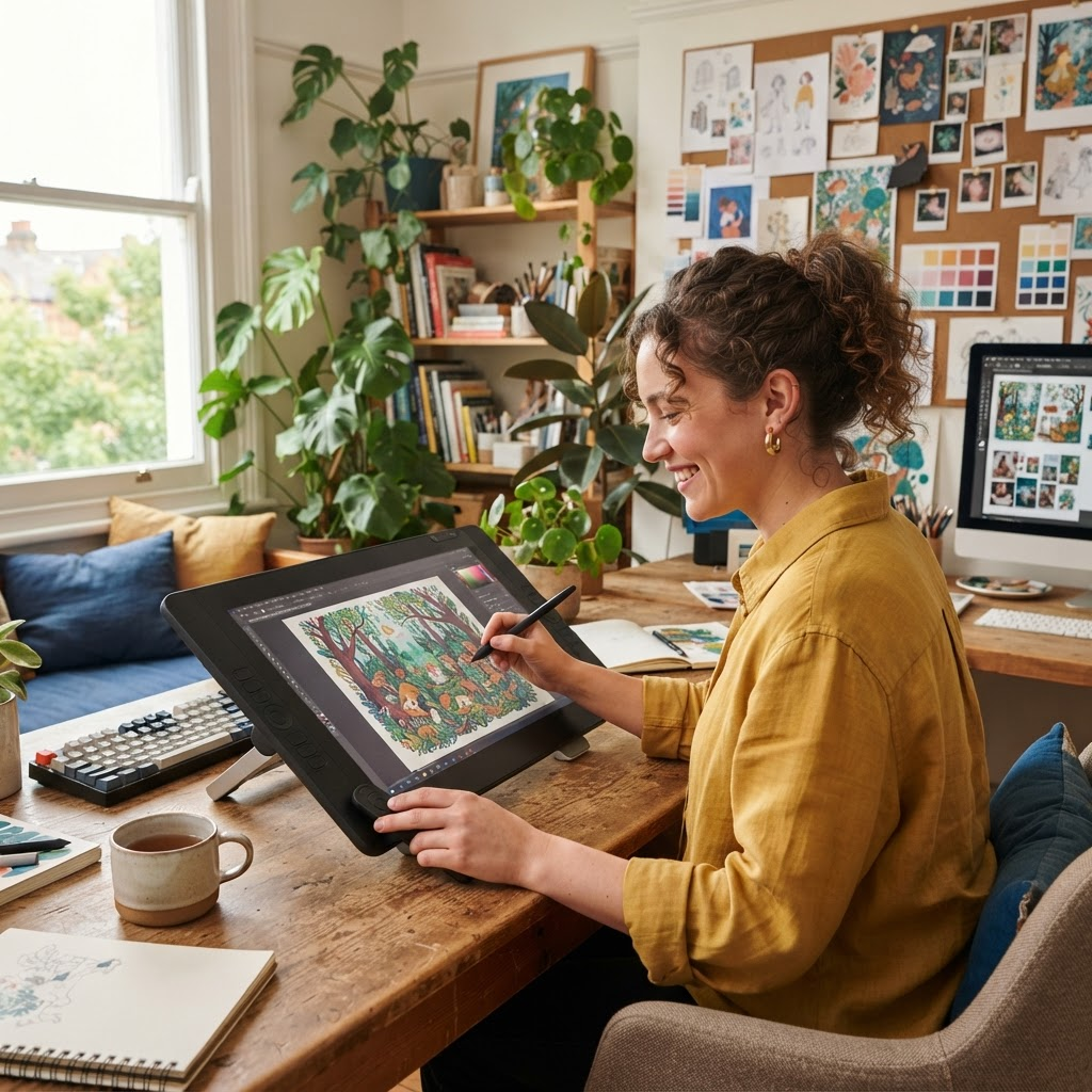 Digital illustrator drawing vector artwork on a pen display tablet