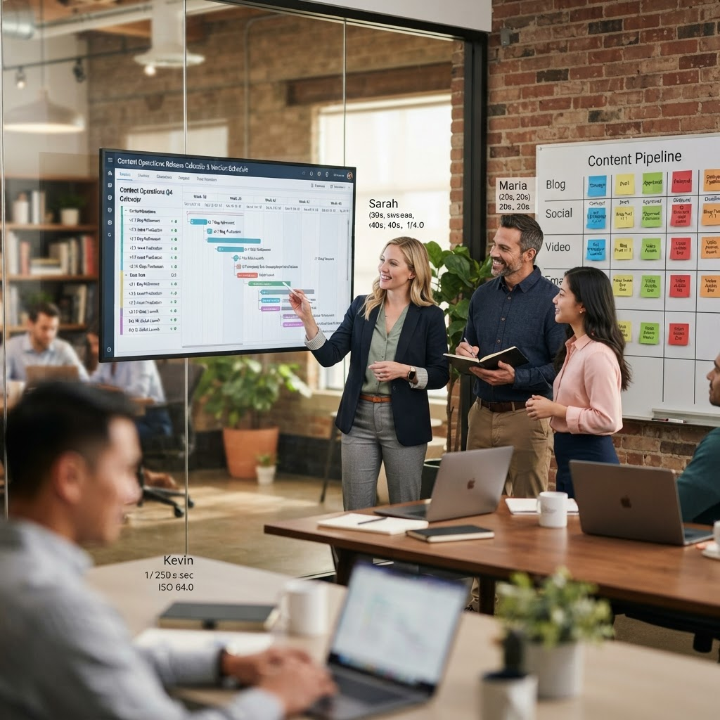 Content operations team reviewing a release calendar on a large screen