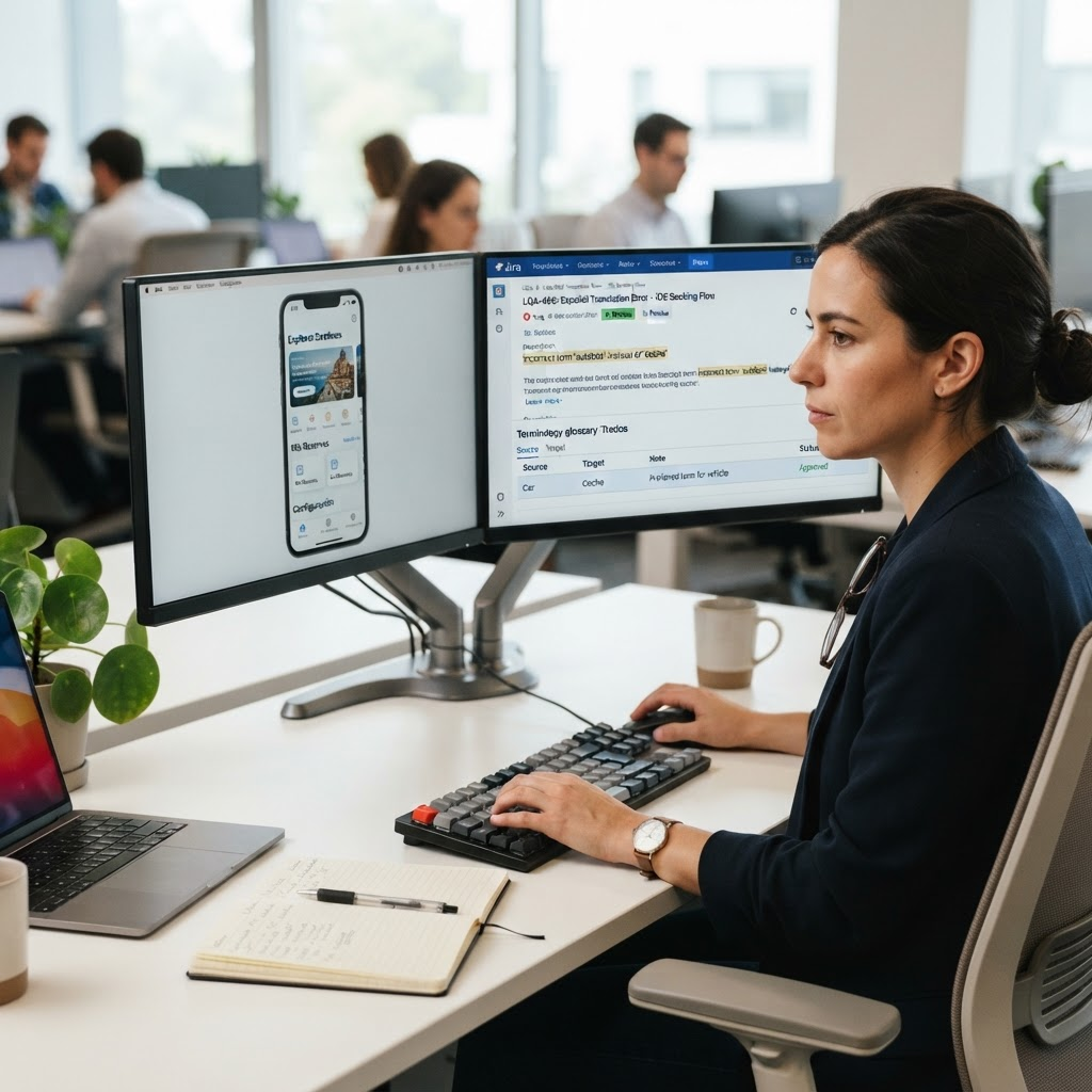 Linguistic QA reviewer checking localised software on two screens