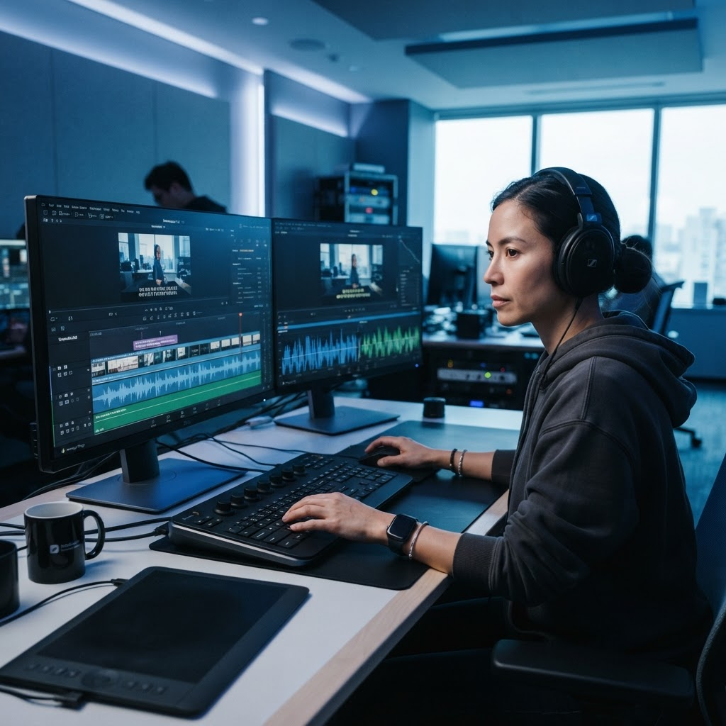 Subtitling specialist reviewing timed captions against video on a workstation