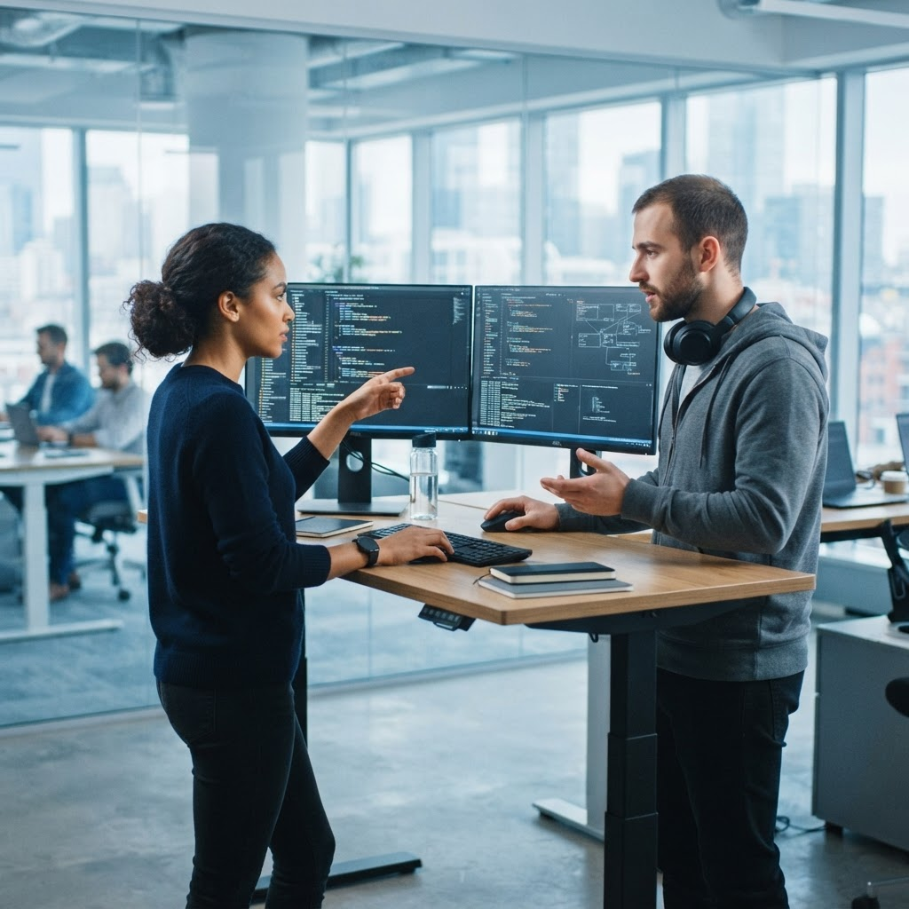 Software engineers pair programming at a standing desk